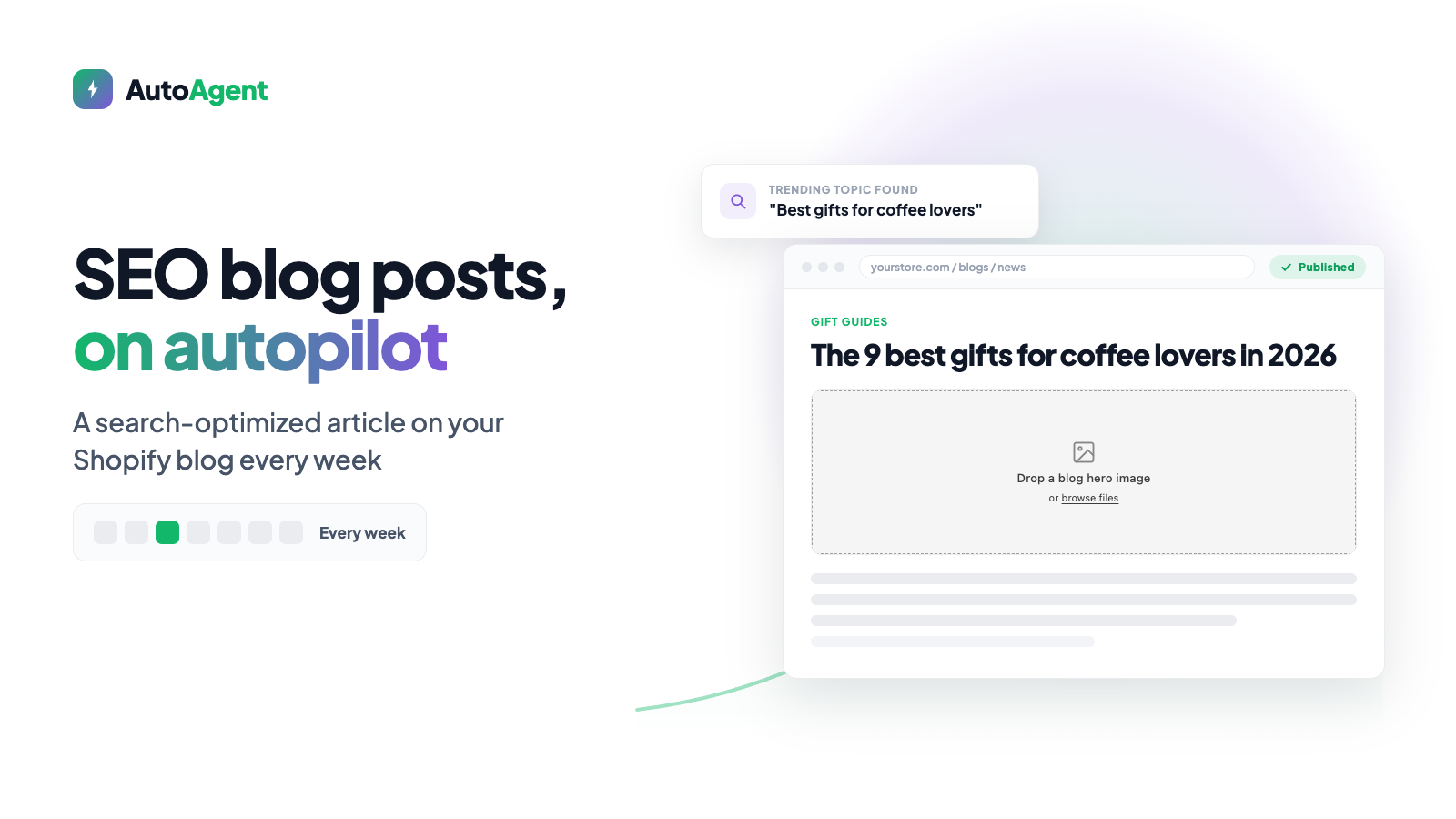 AutoAgent publishing an SEO blog article to a Shopify store