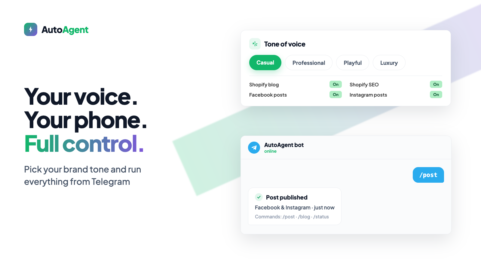 Brand voice settings and Telegram remote control