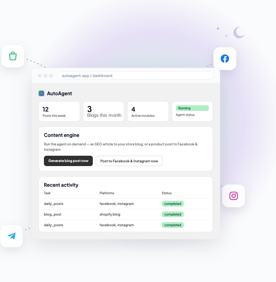 AutoAgent dashboard with content engine and recent activity